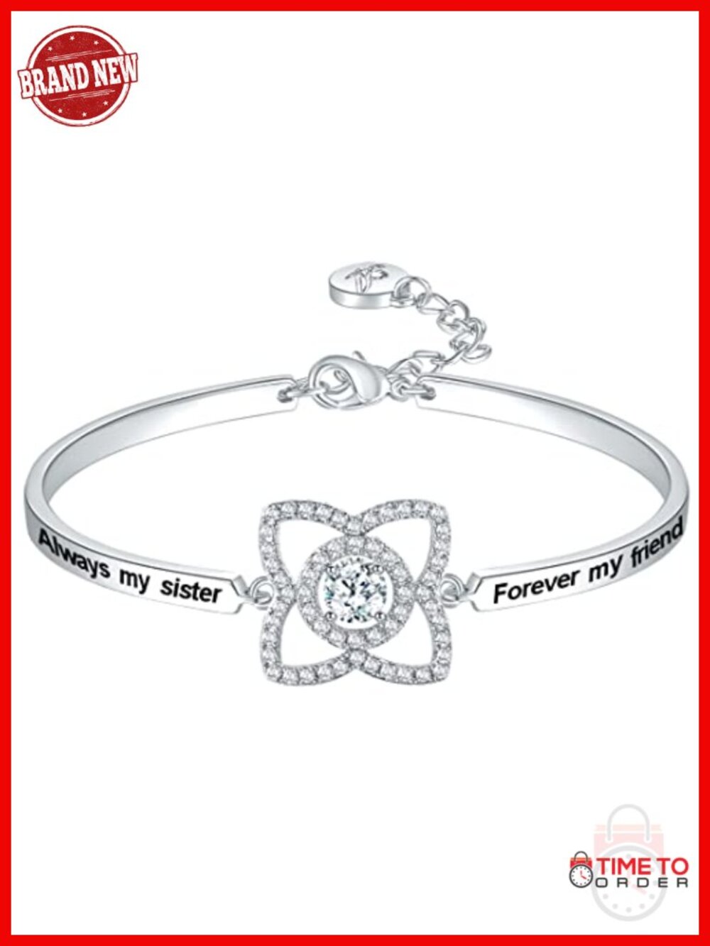 White Gold Plated Bangle Bracelet with Cubic Zirconia, Inspirational Sister Gift